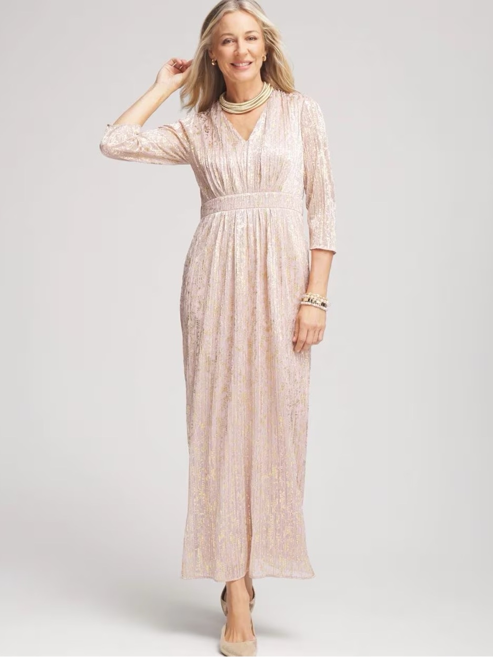 Chico’s Metallic Pleated Maxi Dress